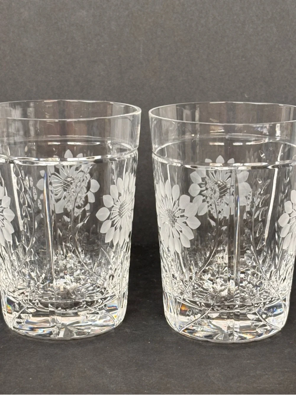 Pair Royal Brierley Etched Crystal Tumblers - Kensington Palace Flower Sunflower
